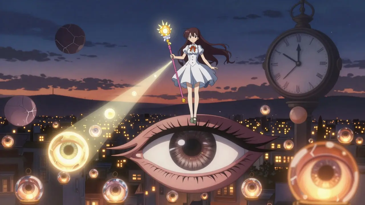 Magical girl healing a city of eyes with a staff of omega-3 and medicine, reversing gland atrophy.