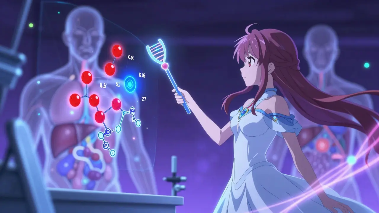 Magical girl in a lab pointing to a hologram of a drug binding to multiple protein targets, glowing in neon colors.