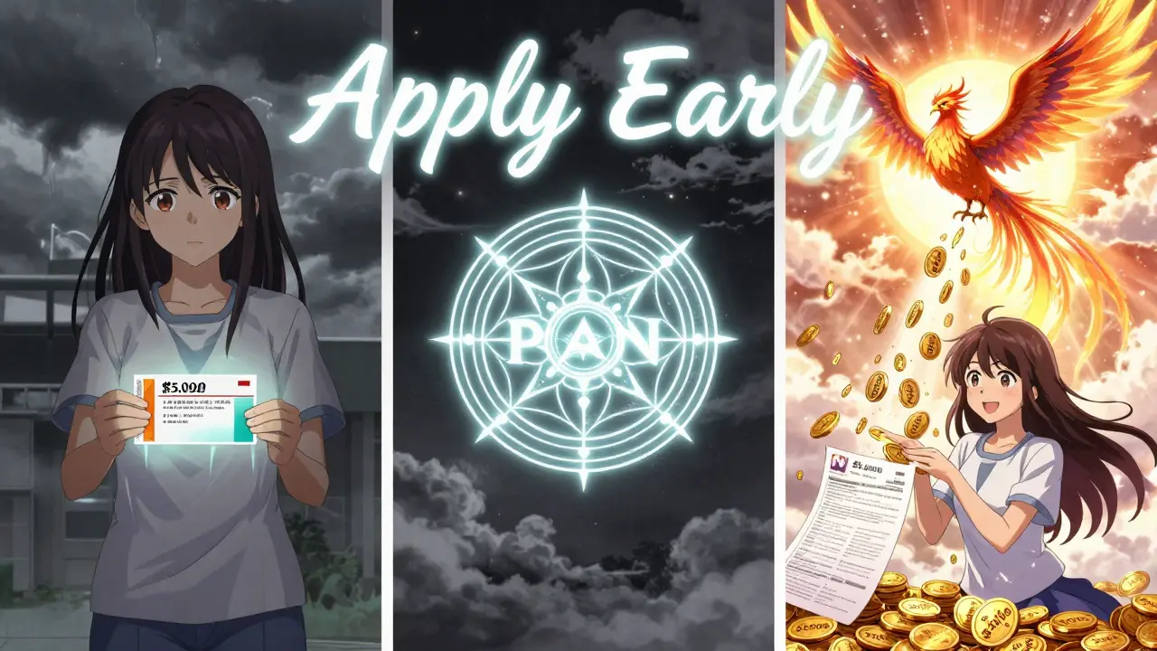 Medicare patient receives enchanted aid coins from a phoenix made of application forms.