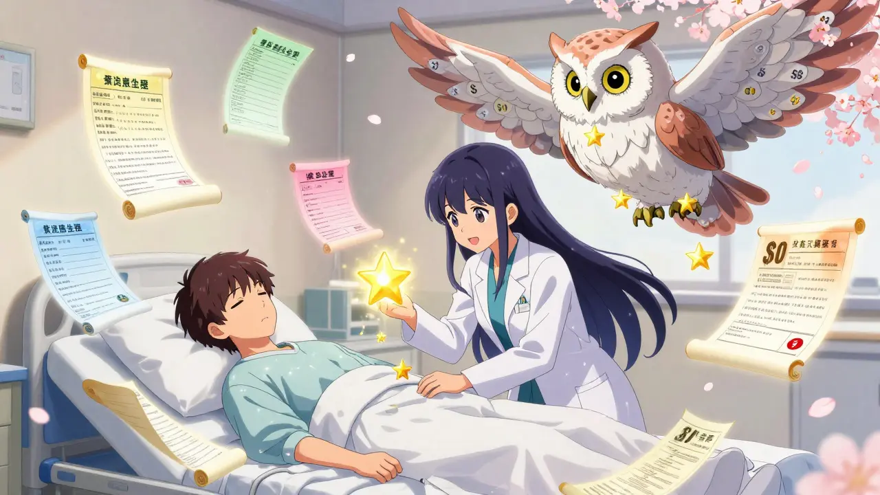 Medication specialist in sparkly robe helps patient as paperwork wings float around them.