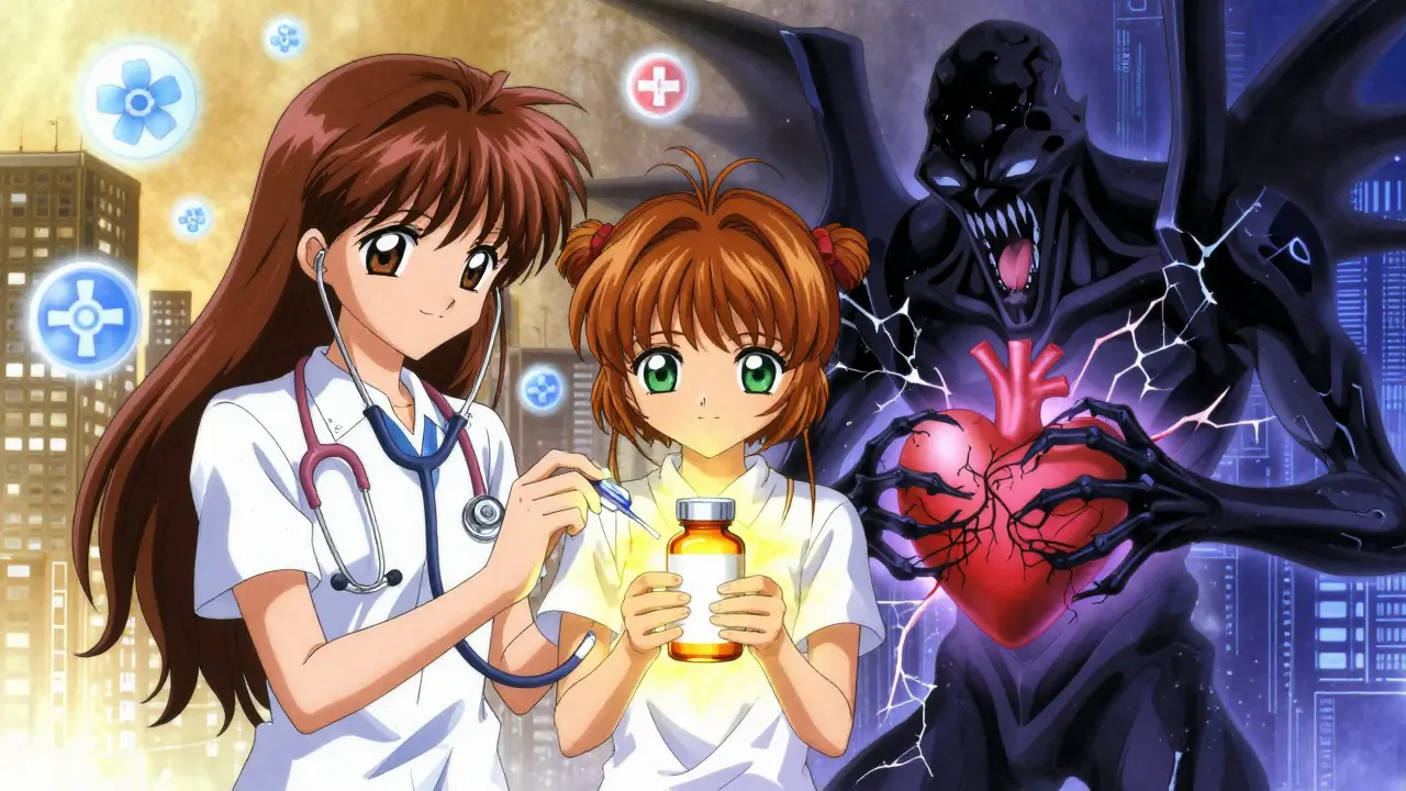 Patient surrounded by two spectral figures representing on-target and off-target drug effects, glowing bottle in hand, anime style.