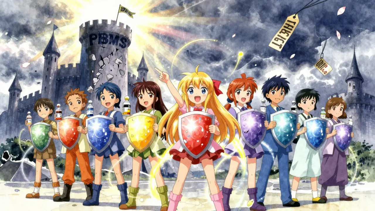 Patients as magical warriors fighting a castle labeled 'PBMs' with drug vials turned into shields.