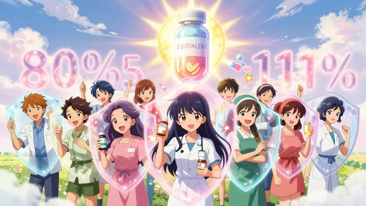 Patients protected by magical shields showing bioequivalence ranges, with interaction sparks deflected harmlessly.