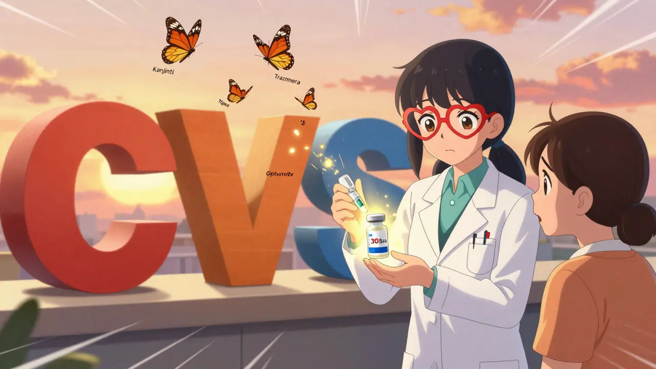 Pharmacist giving transitional supply vial as insurance dragons shrink and biosimilar butterflies appear