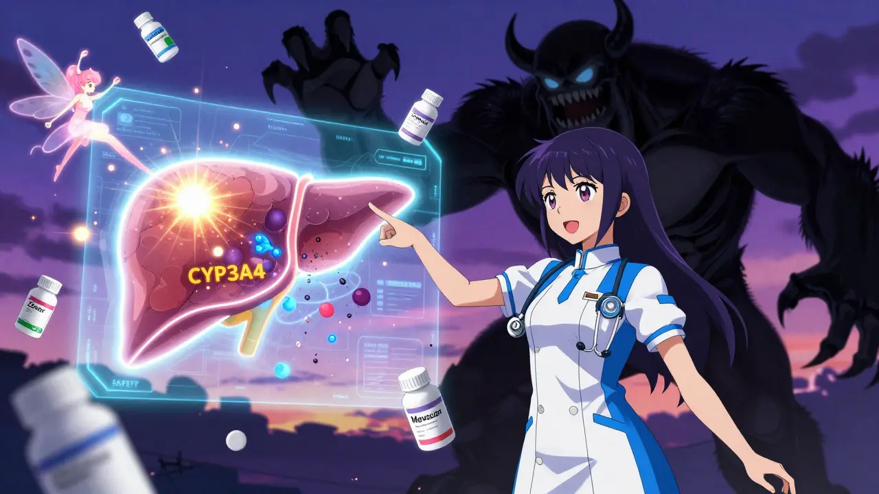 Pharmacist using holographic liver diagram to fight a monster representing clarithromycin.
