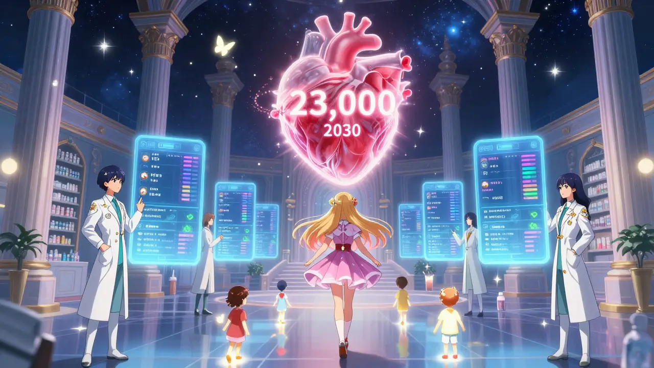 Pharmacists connect patients to digital health portals in a celestial pharmacy, with hearts and butterflies symbolizing saved lives.