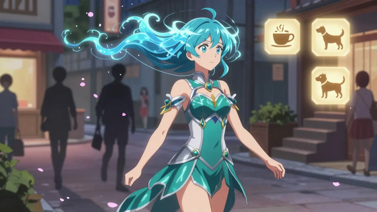 Woman walking through city while turning head, stabilized gaze with fading fall shadows.