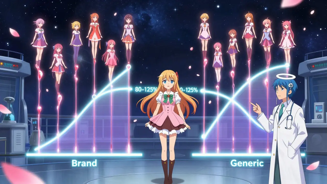 24 spirit volunteers float as spectral graphs show generic and brand drug absorption within a safety band.