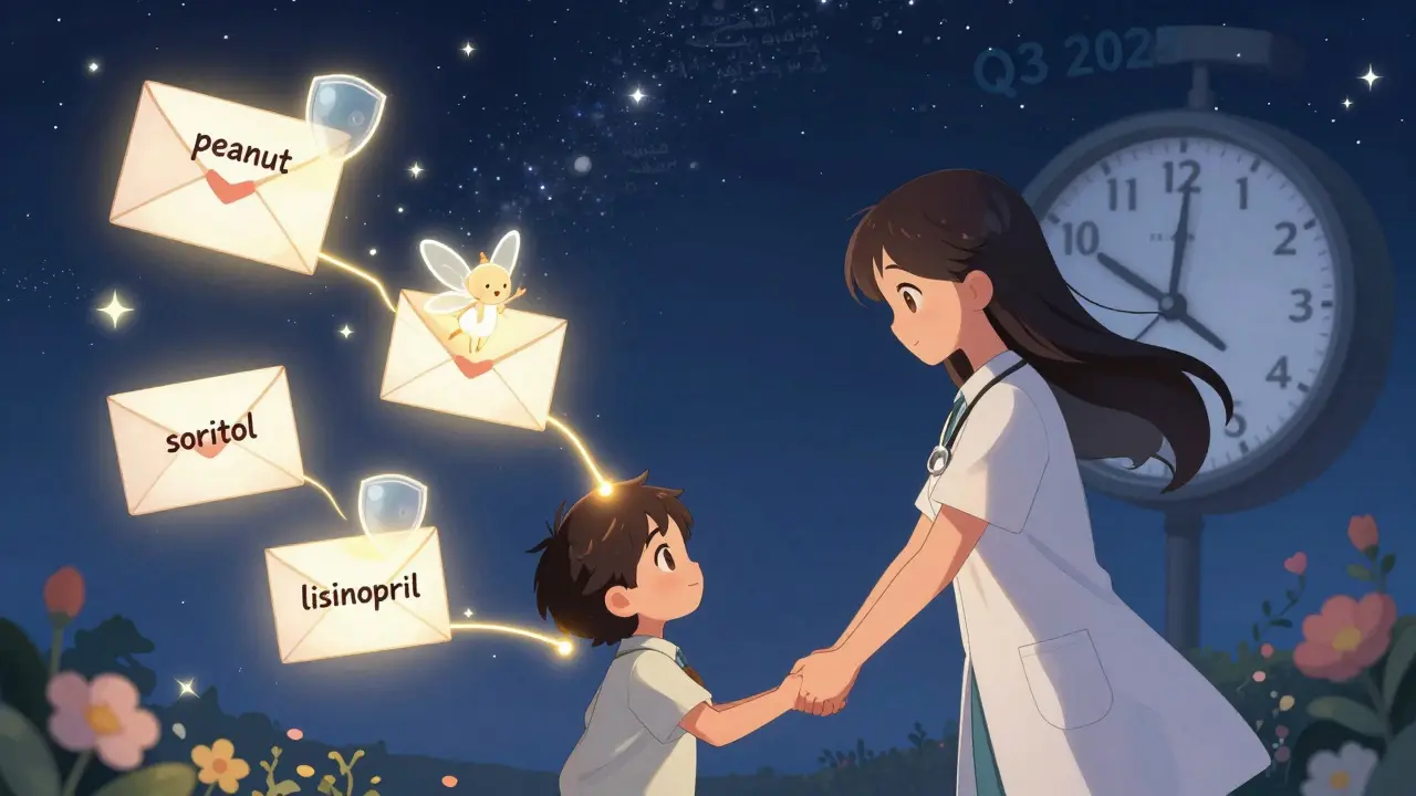 A caregiver and child connected by light to glowing email alerts with keywords, as translation flowers bloom in the night sky.