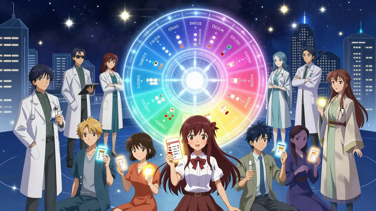 A council of healers overseeing a spinning formulary wheel above a city at night.