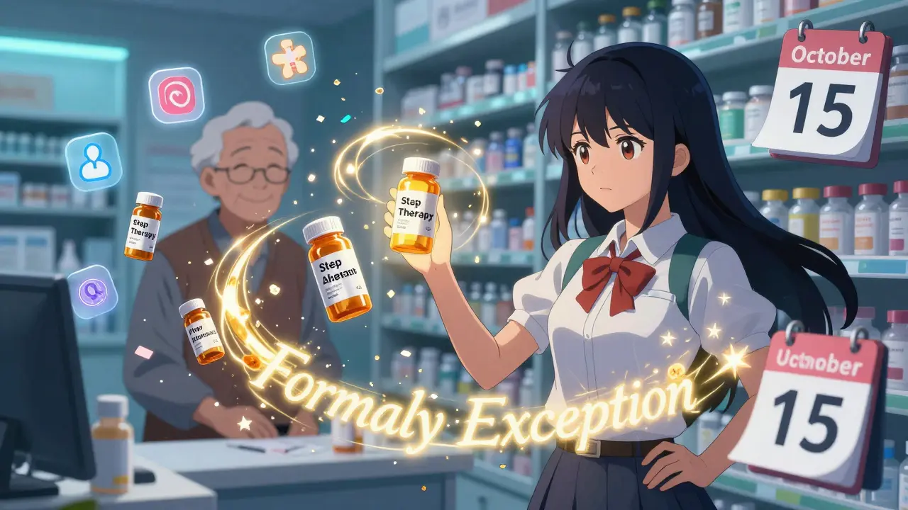 A girl casting a spell to override pharmacy restrictions in a neon-lit pharmacy.