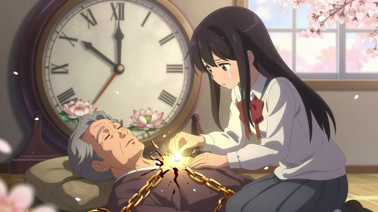 A girl heals a sleeping person by shattering clot chains with a glowing aspirin tablet.
