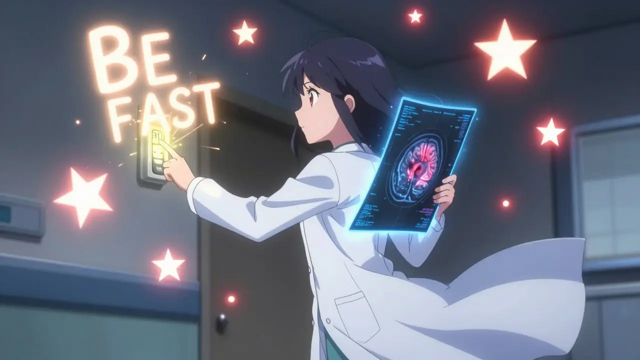 A girl in a magical medical gown activates BE FAST symbols in an emergency room.