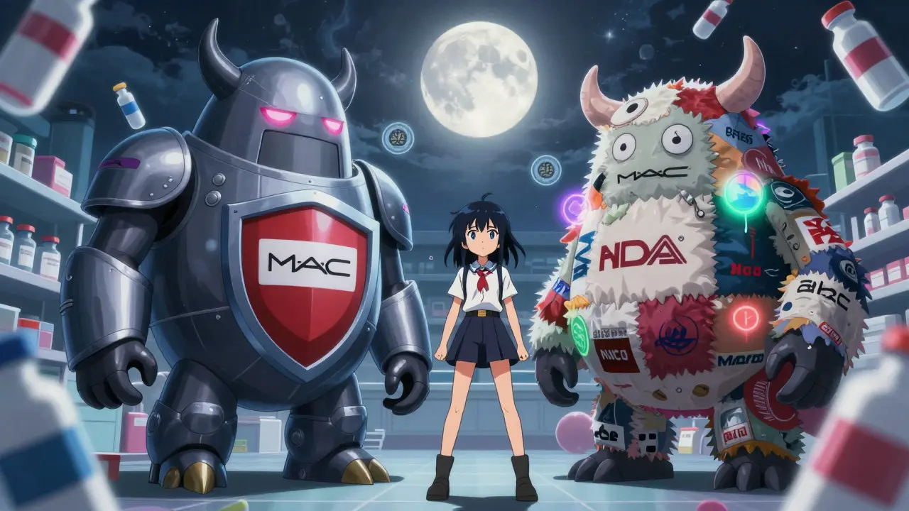 A girl stands between two pill monsters representing brand and generic drugs in a pharmacy battlefield.