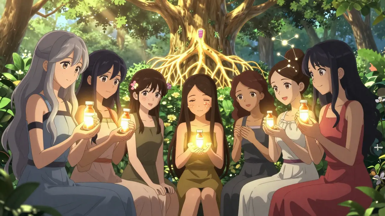 A group of women in a garden, each holding glowing metformin vials as their health improves with soft magical light.