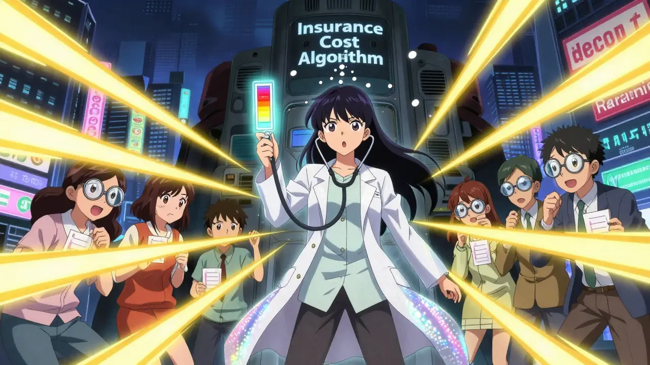 A heroic figure with a stethoscope fighting a corporate machine that spits out generic pills.