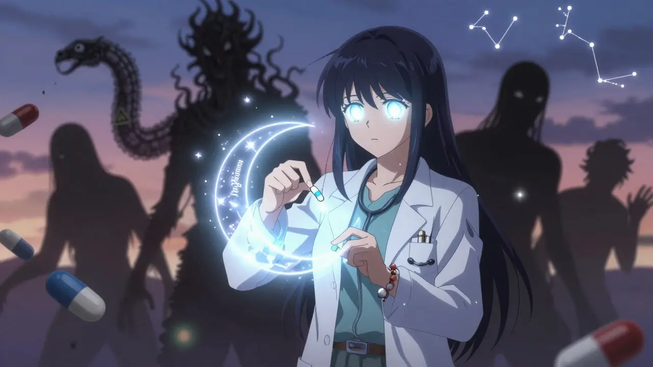 A magical girl splits a pill with a moon-shaped device as dangerous crushed pills turn into smoke serpents.
