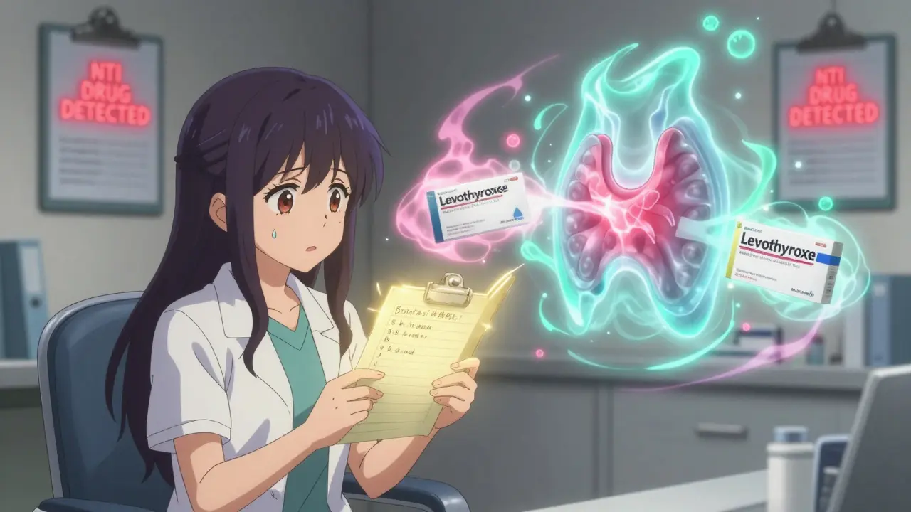 A patient with a glowing medication logbook and a trembling thyroid spirit in a doctor's office.