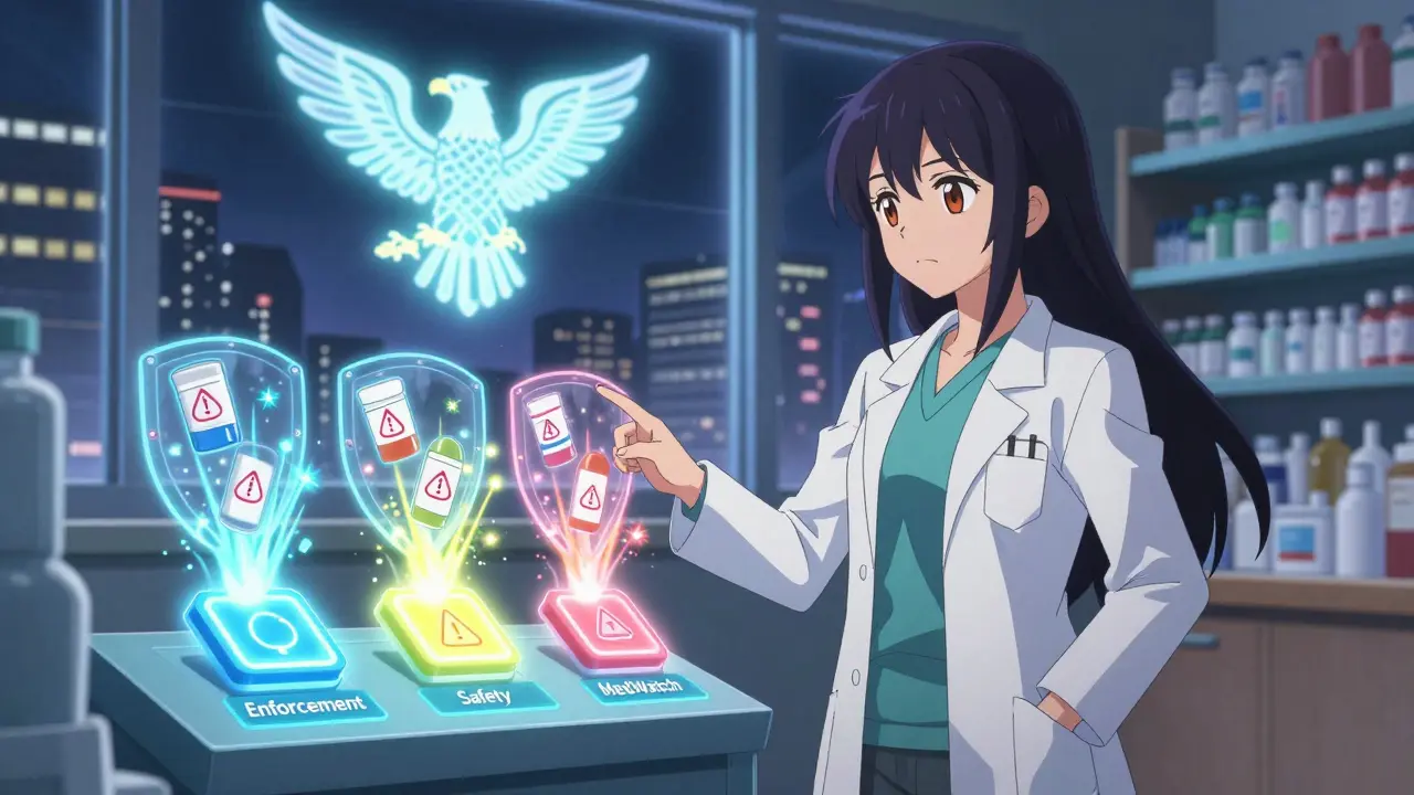 A pharmacist activates a holographic FDA alert panel in a neon pharmacy, with a protective eagle emblem in the sky.
