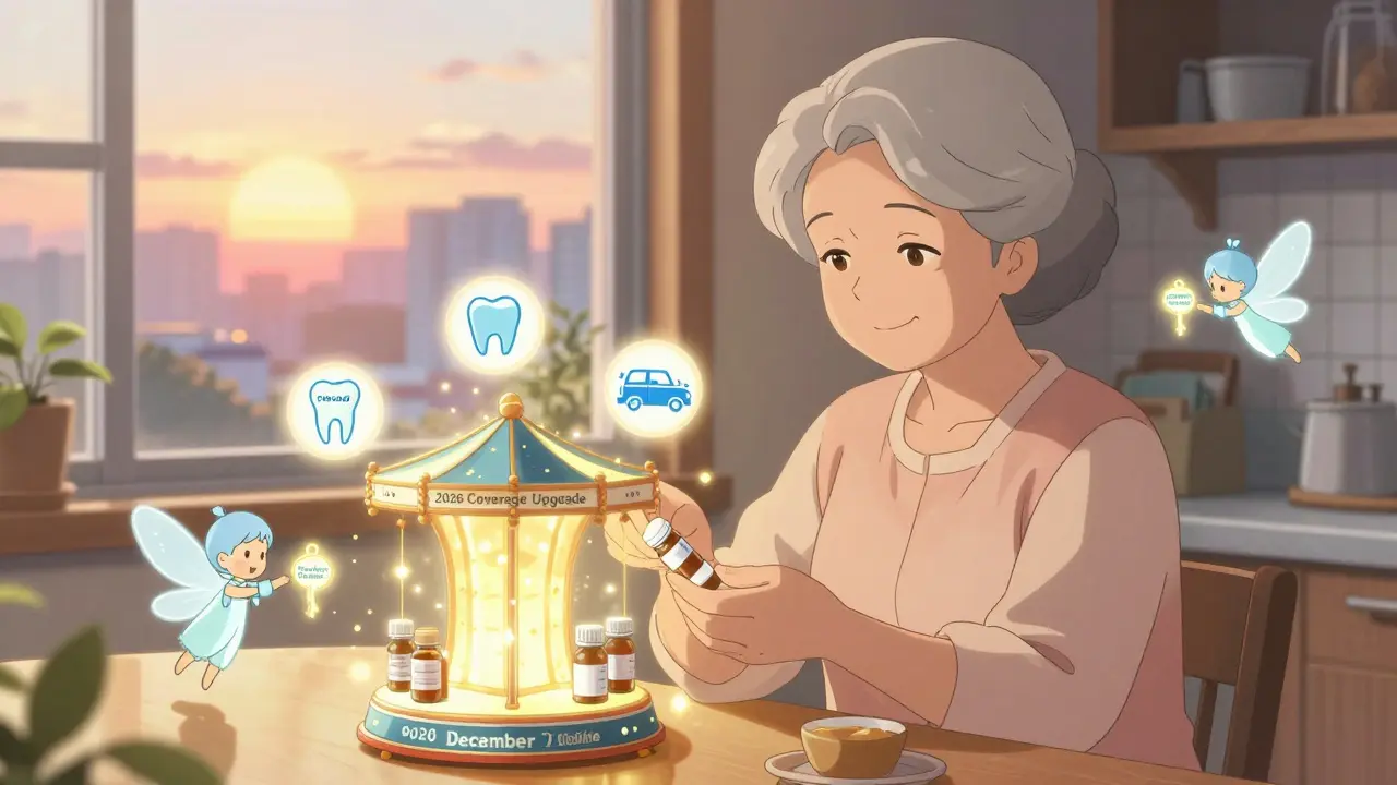 An elderly woman receives help from fairy-like counselors as a glowing carousel shows improved 2026 Medicare benefits and a deadline key.