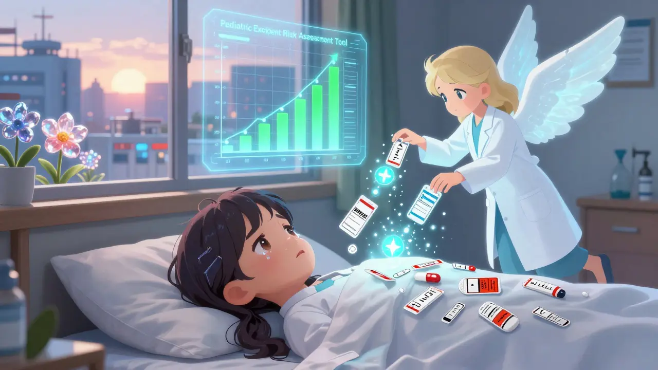 Child in bed as medicine labels dissolve into safe alternatives, watched over by a lab-coated guardian angel.