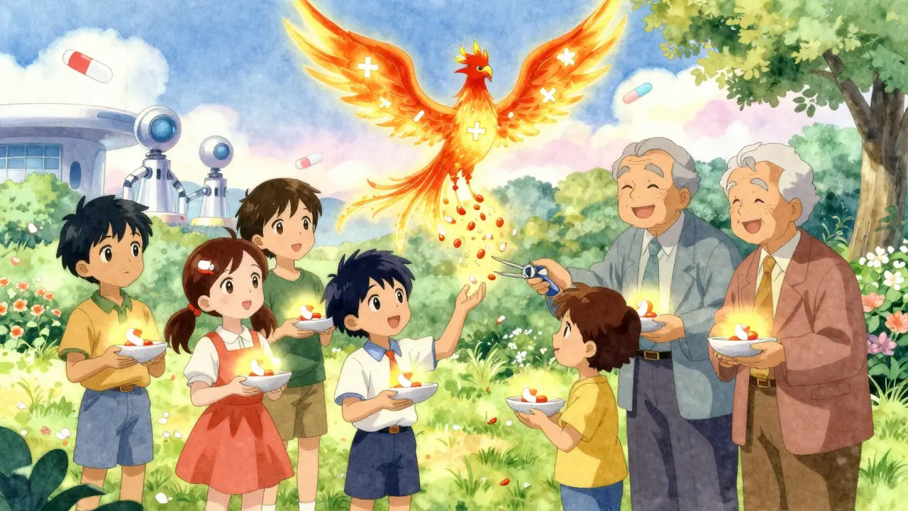 Children and elders hold safe pills as a phoenix dissolves dangerous crushed tablets into petals.