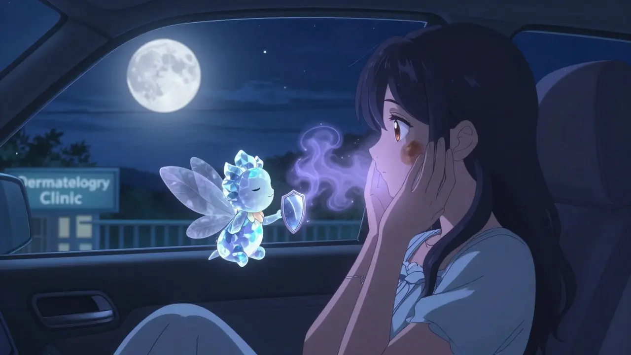 Girl at night by a car window with UV film, gentle light healing fading pigmentation, a mineral sunblock fairy beside her.