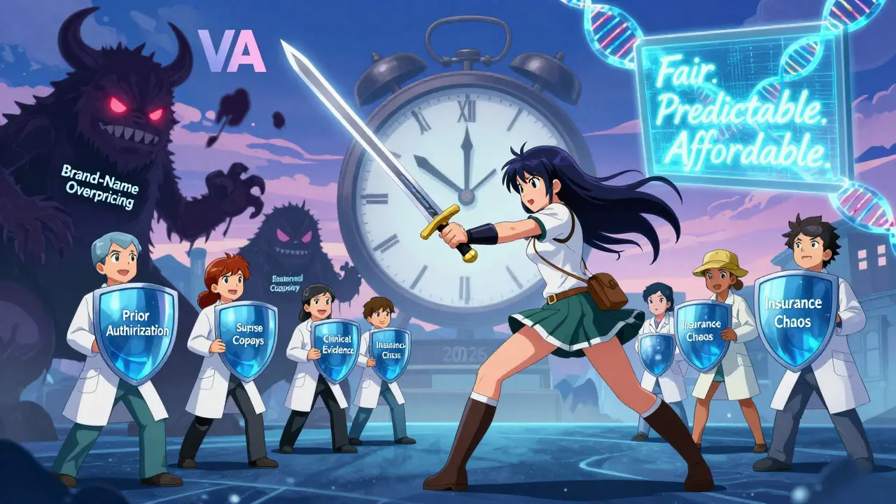 Heroine fighting insurance monsters with a formulary sword, supported by pharmacists and DNA data.