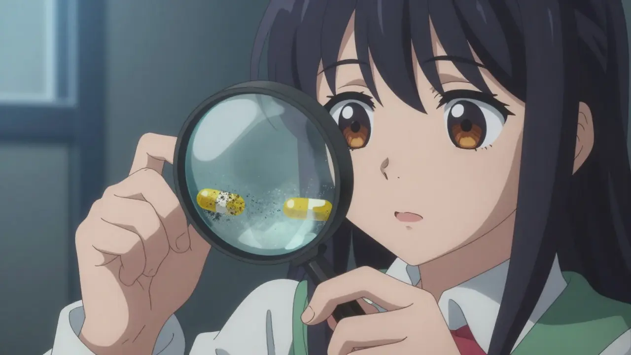Magical girl inspecting discolored pills showing damage signs