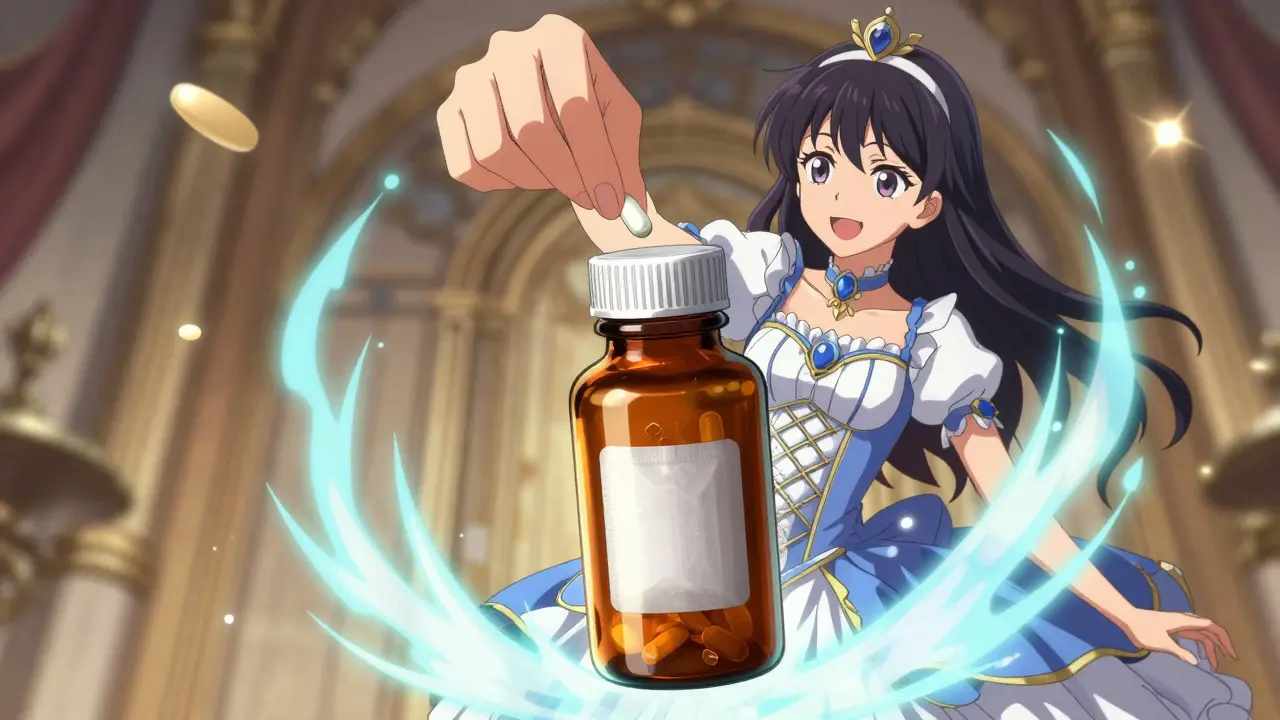 Magical girl placing pills into amber bottle with silica gel desiccant