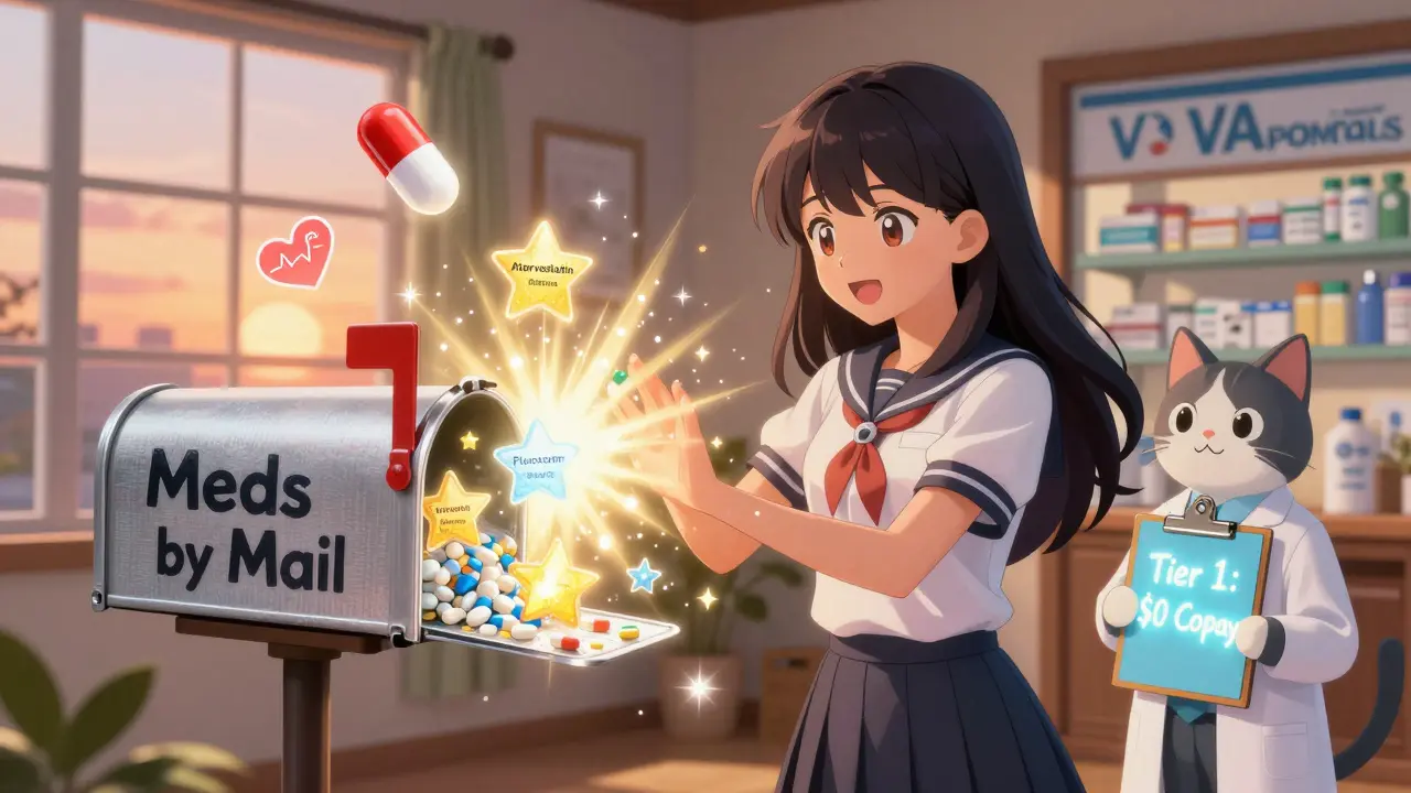 Young veteran opening a magical mailbox filled with sparkling generic pills labeled 'Meds by Mail'.