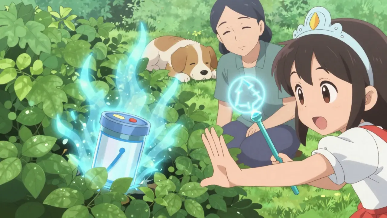 A child's hand reaches for a hidden sharps container, protected by a glowing barrier as a dog sleeps safely nearby.