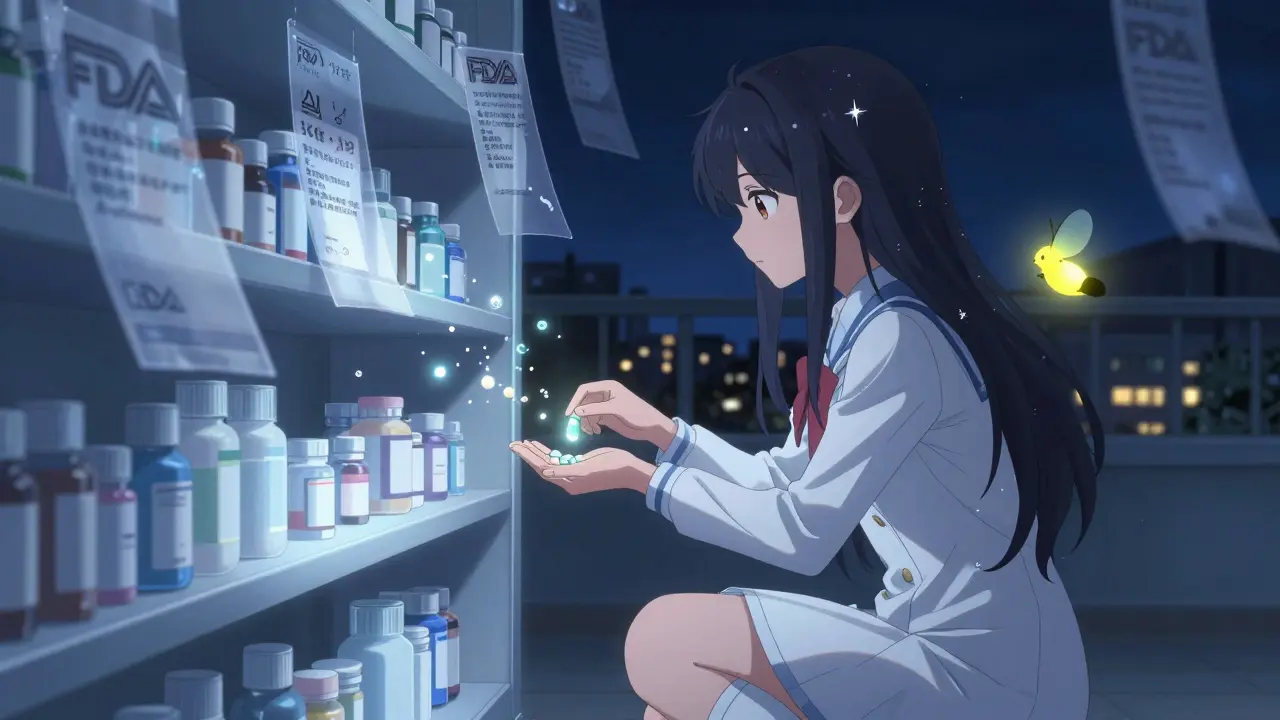 A gentle magical girl hands a safe pill to a patient as corrupted drugs dissolve into sparkles under starlit shelves.