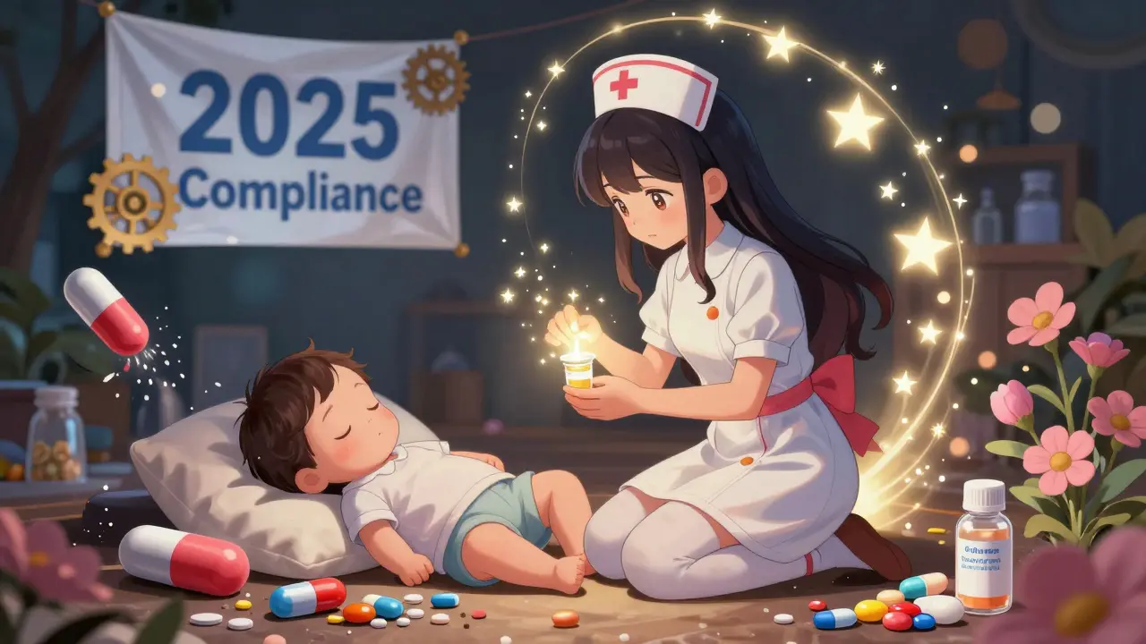 A girl gently administers safe pediatric medication to a sleeping child, while adult pills crumble and child-friendly drugs bloom like flowers.
