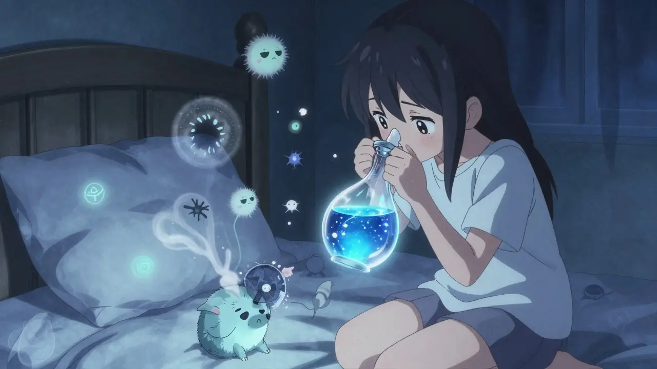 A girl using a glowing neti pot at night, surrounded by friendly allergen spirits in her moonlit bedroom.