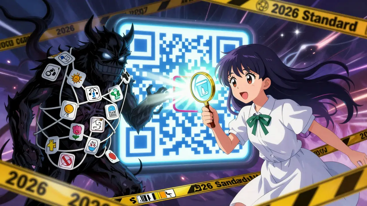 A hero uses a glowing magnifying glass to reveal true meanings of tangled warning stickers in anime style.
