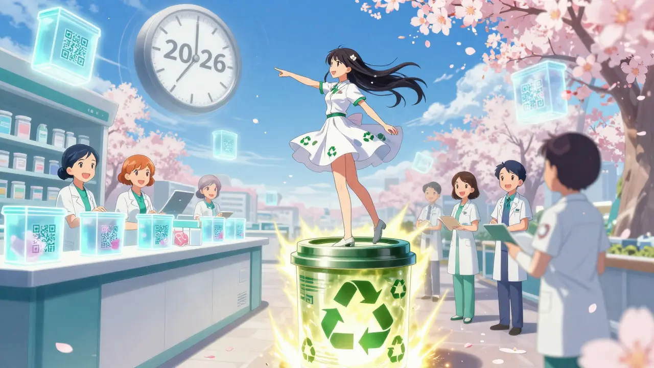 A heroic girl stands on a glowing sharps container as pharmacy bins float toward collection, with a 2026 clock in the sky.