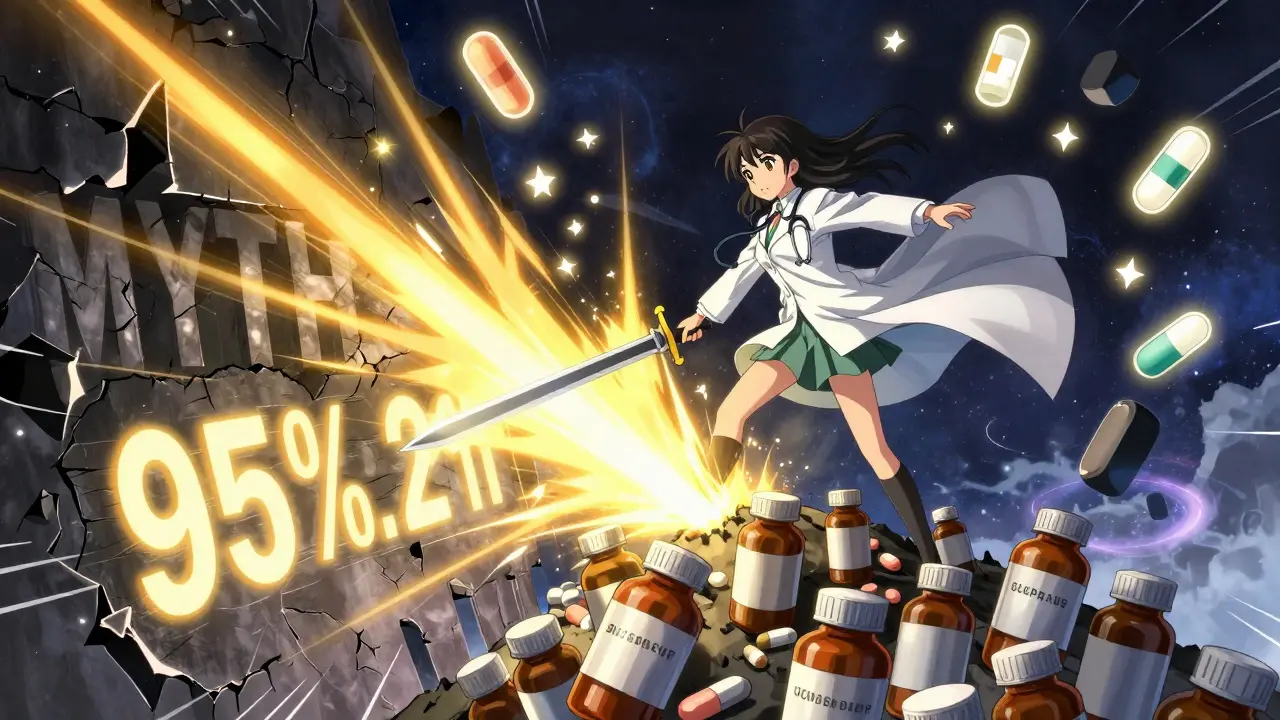 A heroic pharmacist defeats a wall labeled 'MYTH' with golden light revealing facts about generic drug savings and purity.