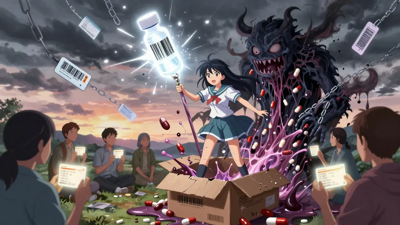 A magical girl defeats a melting drug monster with a barcode staff, while patients glow with trust as blockchain trackers shine in the sky.