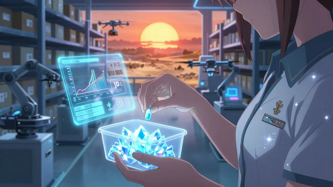A magical girl places a pill into an insulated container as holographic temperature and purity data float around her in a futuristic pharmacy warehouse.