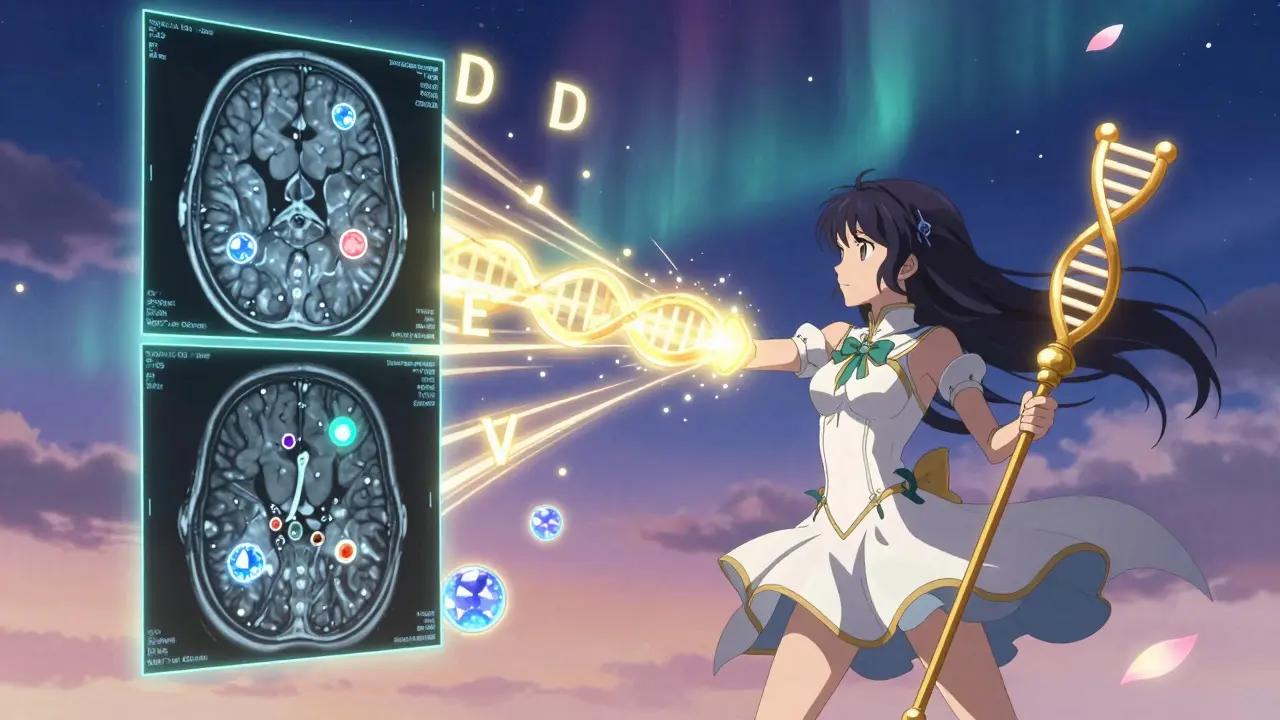 A magical girl repairing MS lesions in the brain, optic nerve, and spinal cord with golden light.