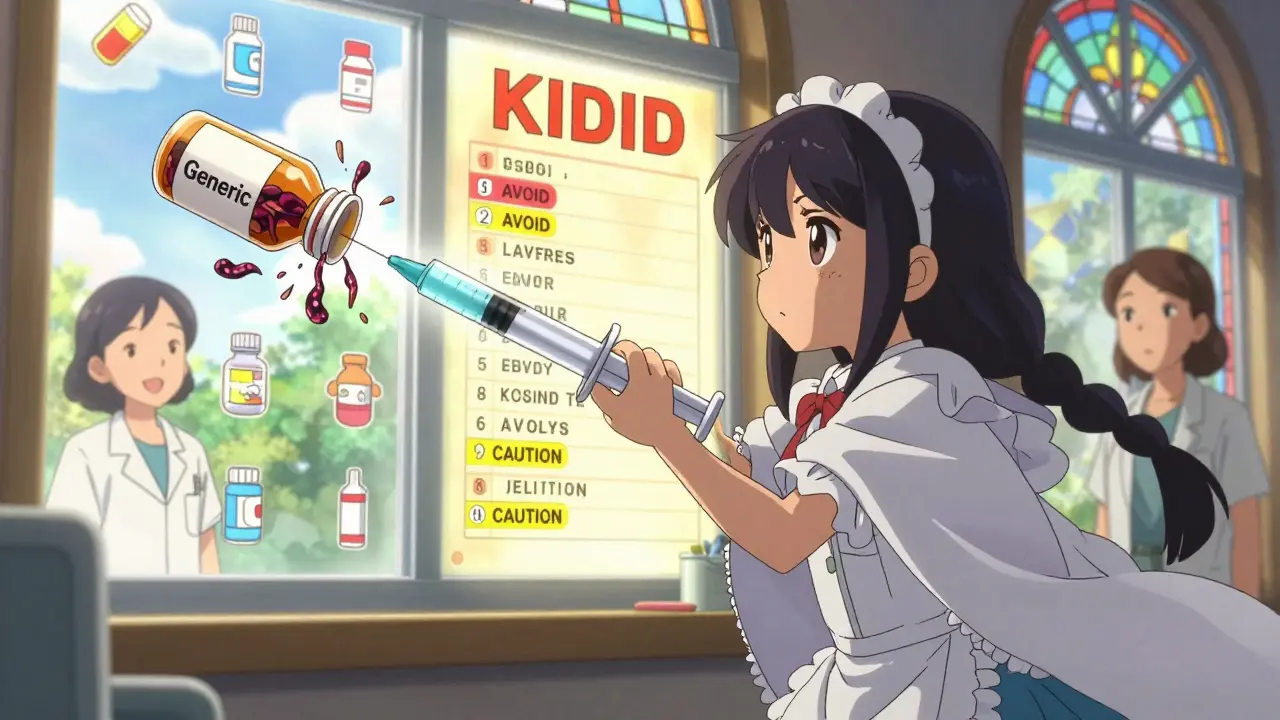 A magical girl uses an oral syringe like a wand to neutralize dangerous generic medicine, with the KIDs List glowing behind her.