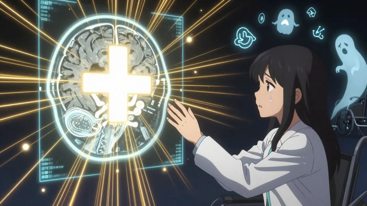 A mystical MRI scan showing the 'hot cross bun' sign with glowing data threads, reflecting a patient in a wheelchair.