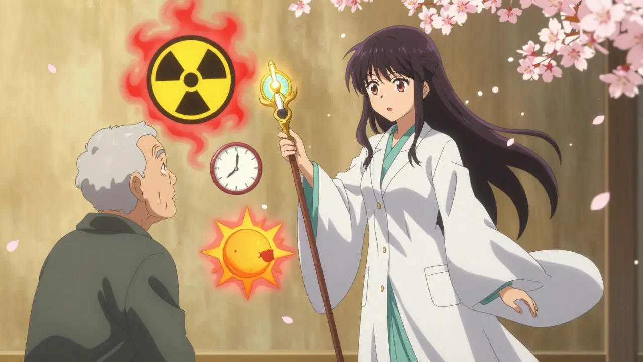 A pharmacist in a magical robe explains warning symbols to an elderly patient surrounded by misinterpreted icons.