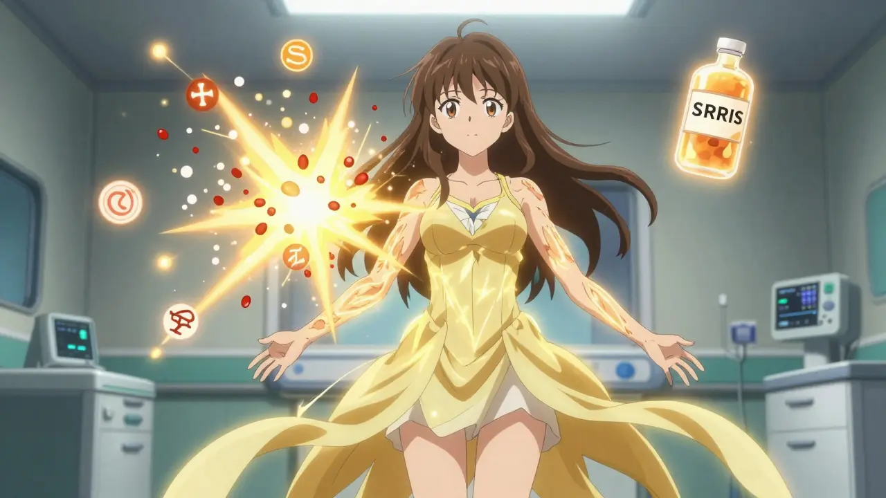 A young woman in a magical outfit experiencing serotonin syndrome with glowing heat waves and floating drug symbols.
