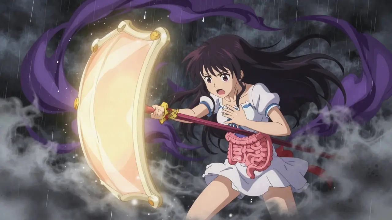 Anime character shielding against dark mist symbolizing side effects.