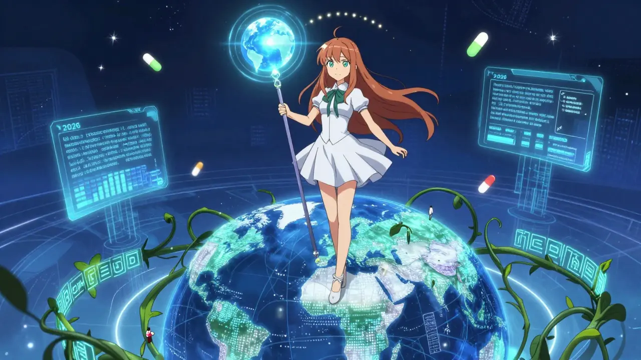Magical girl atop a global data platform with real-time side effect reports and AI patterns.