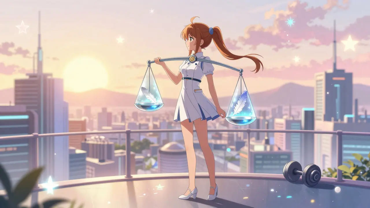 Magical girl balancing weight and muscle mass on a crystal scale.