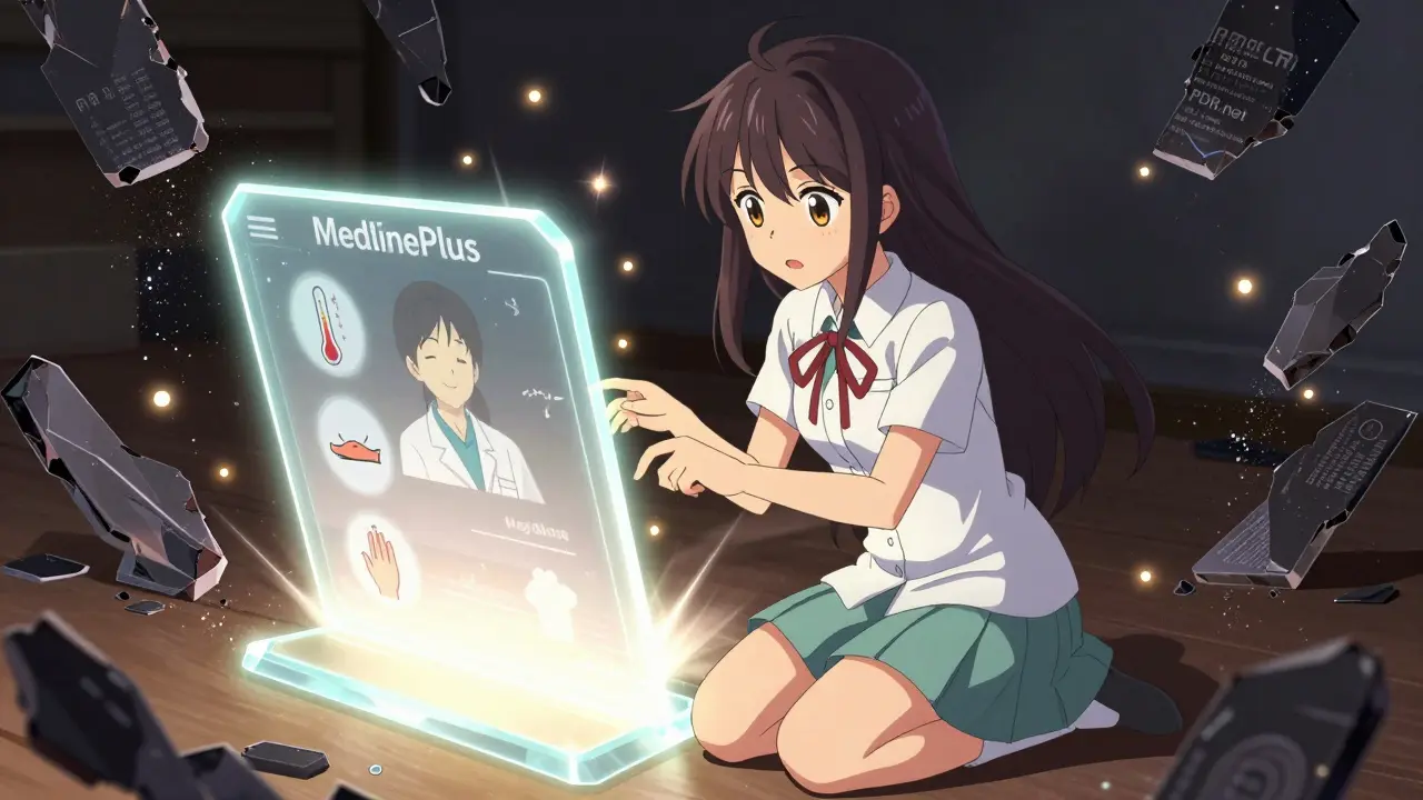 Magical girl beside a glowing MedlinePlus tablet as outdated drug data crumbles into sparkles.