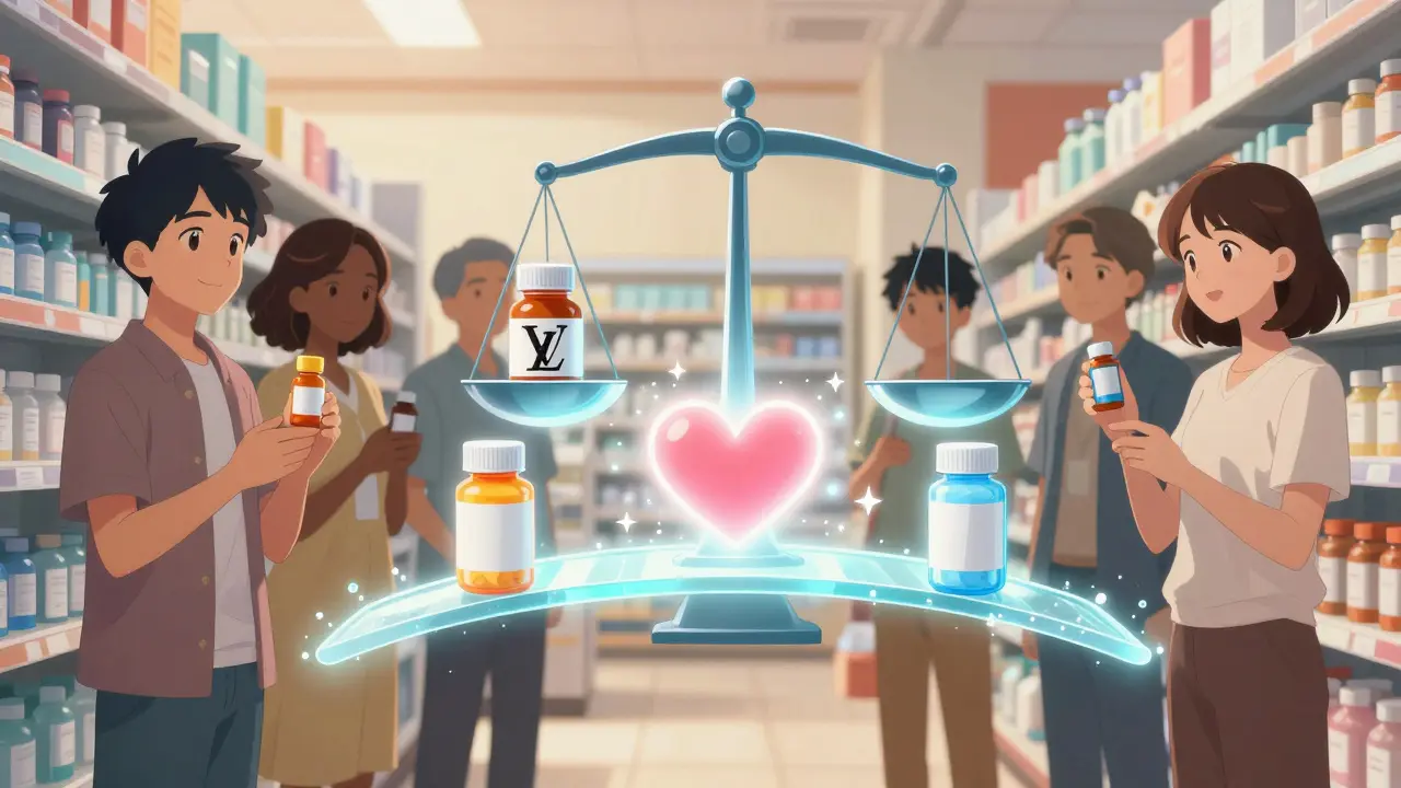 Patients stand in a pharmacy as glowing light connects all their pill bottles to a single heart, symbolizing equal effectiveness.